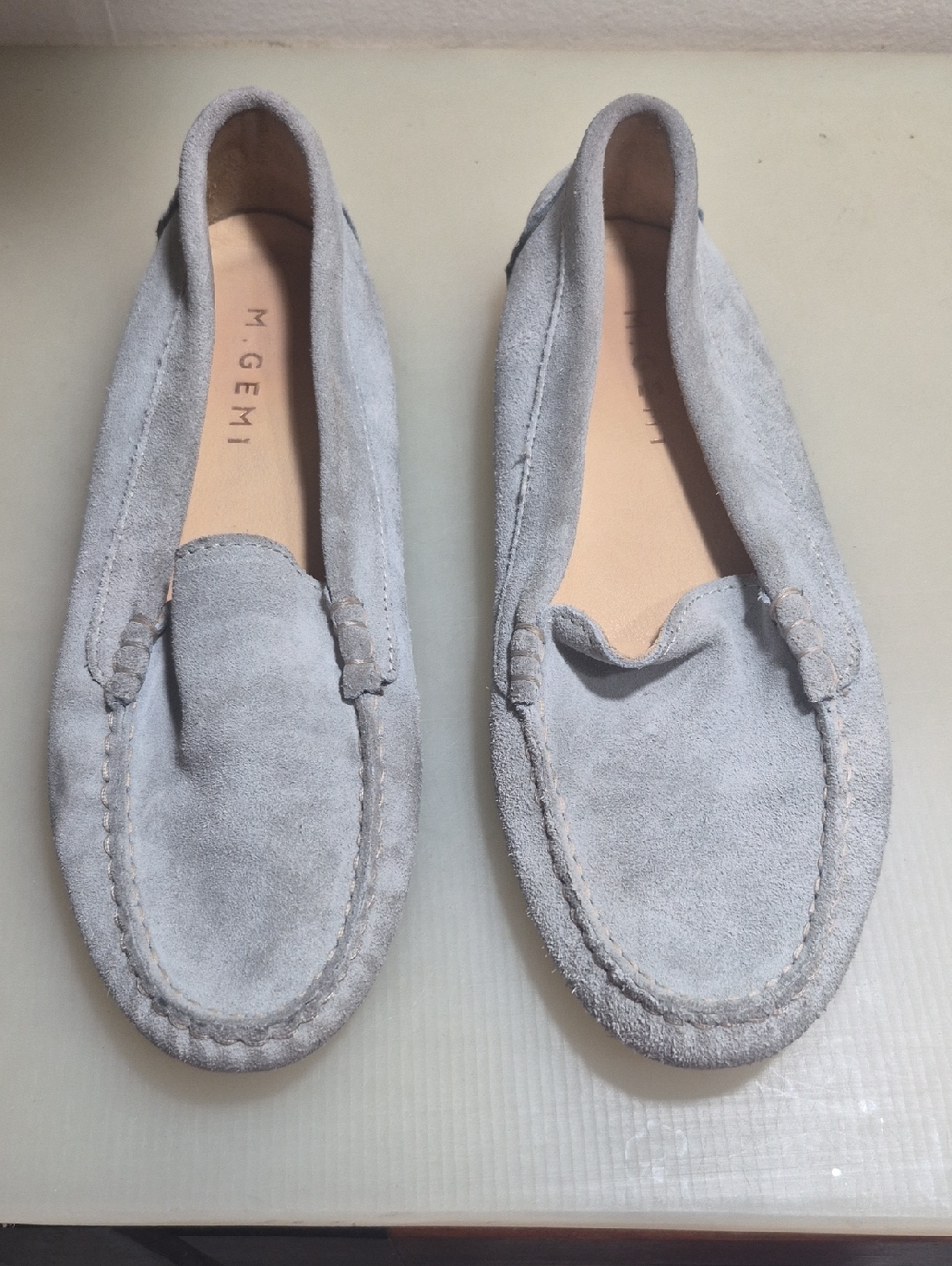 M. Gemi Suede Penny Loafers in Light Gray